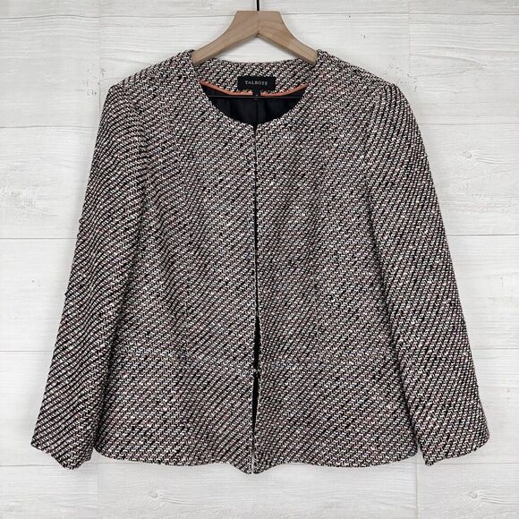 Talbots Tweed Blazer Lady Jacket Women 12 Black Pink Long Sleeves Round Neck - Picture 1 of 12